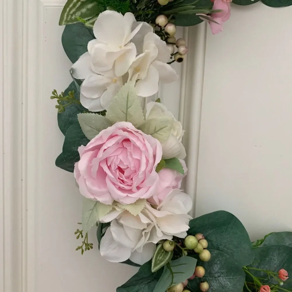 Floral Hoop Wreath: Pink Roses, Eucalyptus, Wood Beads - Boho Farmhouse Decor